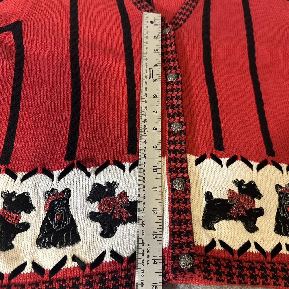 Vtg 90s Christopher Banks Scottish Terrier Cardigan Med Red Black HandEmbroiderd - Picture 11 of 16
